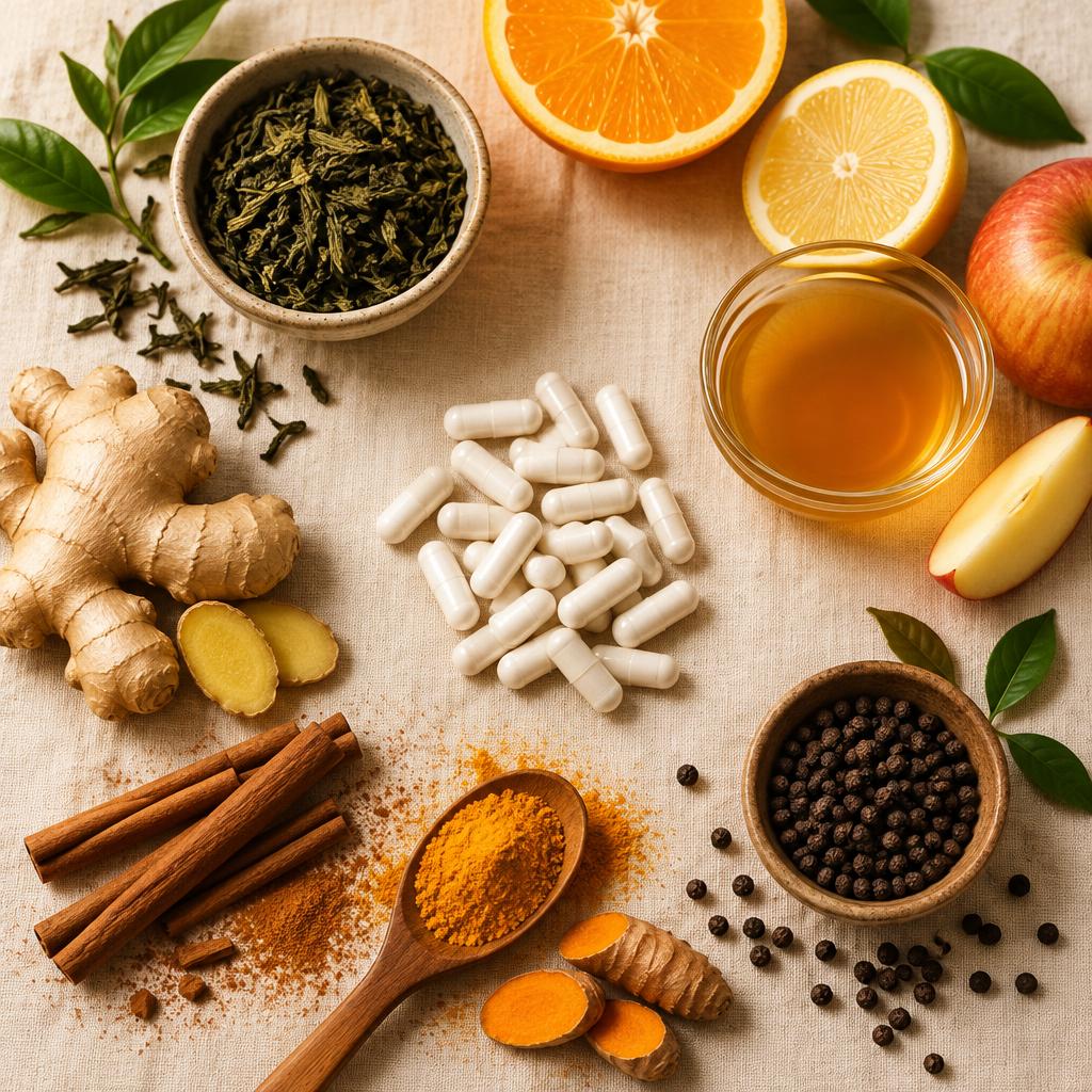 Natural botanical ingredients associated with AlkaBurn's metabolism-support blend — green tea, citrus, ginger, turmeric and black pepper